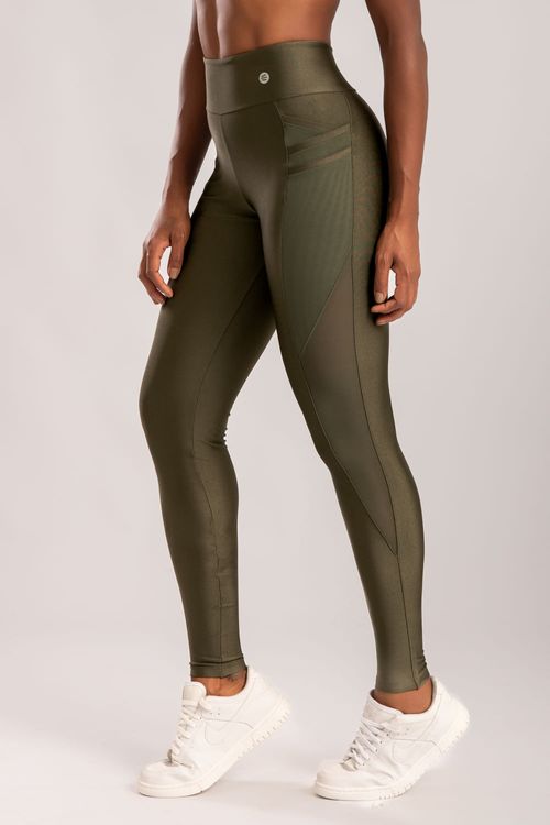 Calça legging poliamida verde escura com bolso triplo de tule