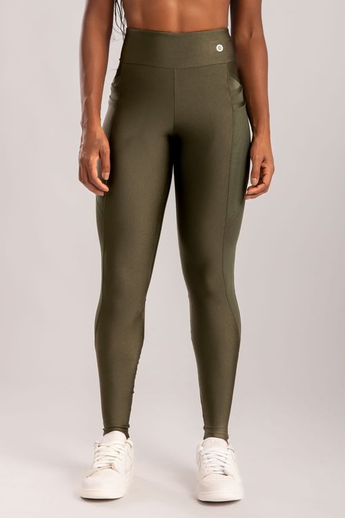 Calça legging poliamida verde escura com bolso triplo de tule
