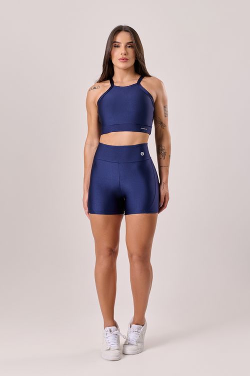 Conjunto de short poliamida azul marinho com top frente única