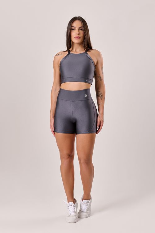 Conjunto de short poliamida cinza titânio com top de frente única