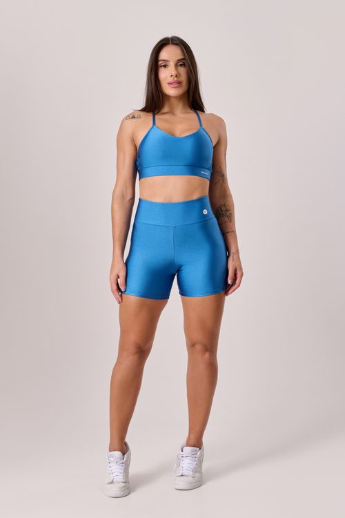 Conjunto de short poliamida azul oceano com top de alça cruzada